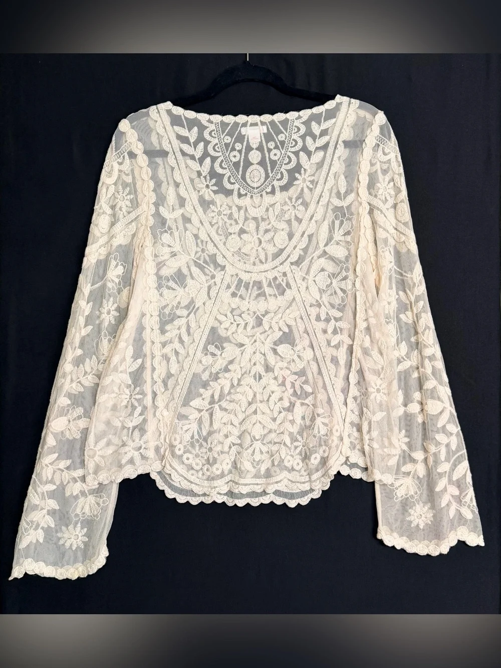 Cream Floral Lace Peasant Blouse long bell sleeve festival Hippie Woodstock - Picture 2 of 12